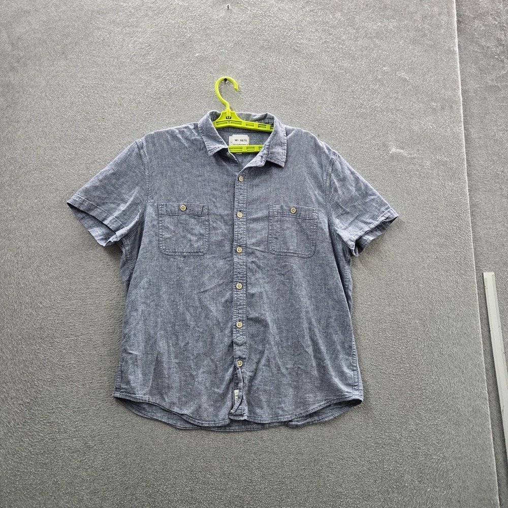 Lucky‎ Brand Men Button Up Shirt XL Gray Cotton Linen Short Sleeve Chambray